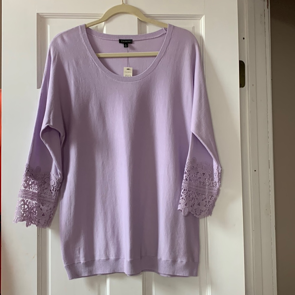 NWT- Talbots lavender sweater with 3/4 lace sleeves.  Size M